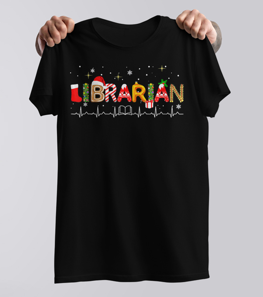 Merry Christmas Librarian Love Reading Books With Holiday Symbols T-Shirt
