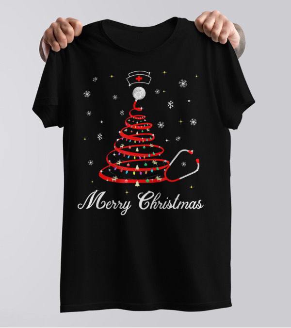 Merry Christmas Stethoscope Tree Medical Theme Xmas Parame T-Shirt