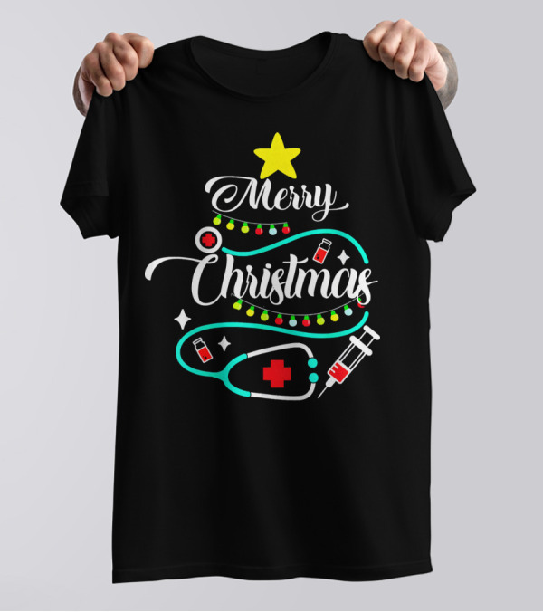 Merry Christmas Nurse Doctor Medical Stethoscope Syringe Ornaments T-Shirt