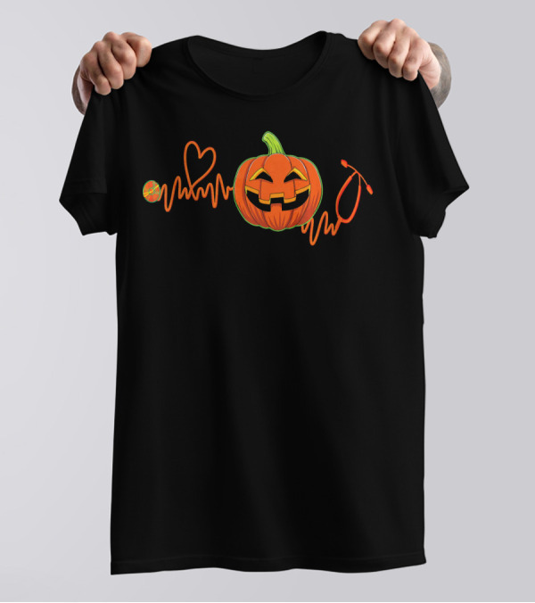 Halloween Pumpkin Stethoscope Heartbeat Nurse Doctor Nursing T-Shirt