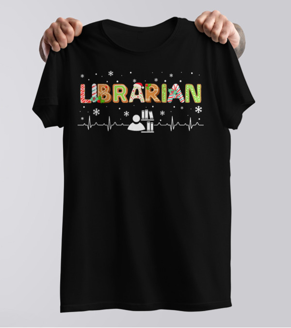 Librarian Heartbeat Christmas Snowflake Icon Bookshelf Holiday T-Shirt