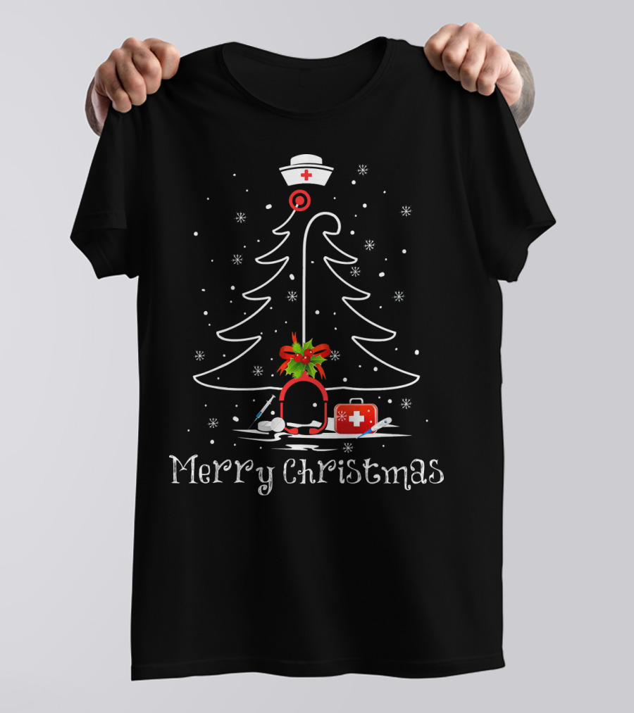 Merry Christmas Nurse Tree Stethoscope Hat Red Cross Light T-Shirt