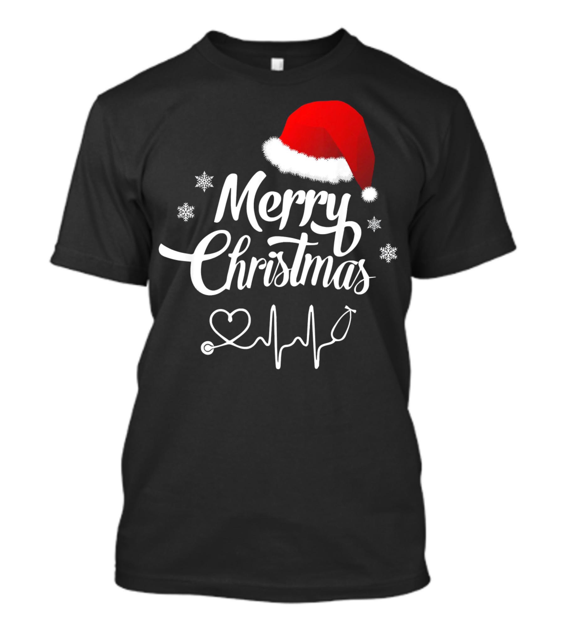 Merry Christmas Doctor Stethoscope Heartbeat Santa Hat Snowflakes T-Shirt
