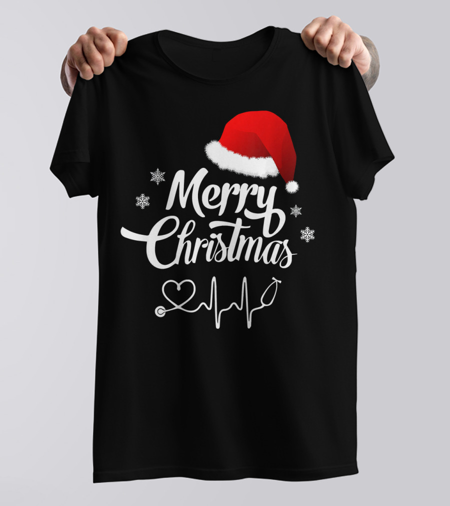 Merry Christmas Doctor Stethoscope Heartbeat Santa Hat Snowflakes T-Shirt