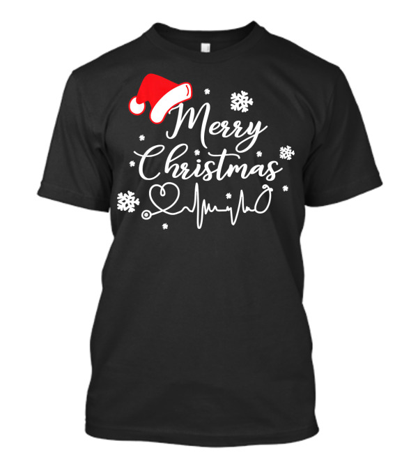Merry Christmas Nurse Doctor Life Medica Heartbeat Santa Hat Snowflakes T-Shirt
