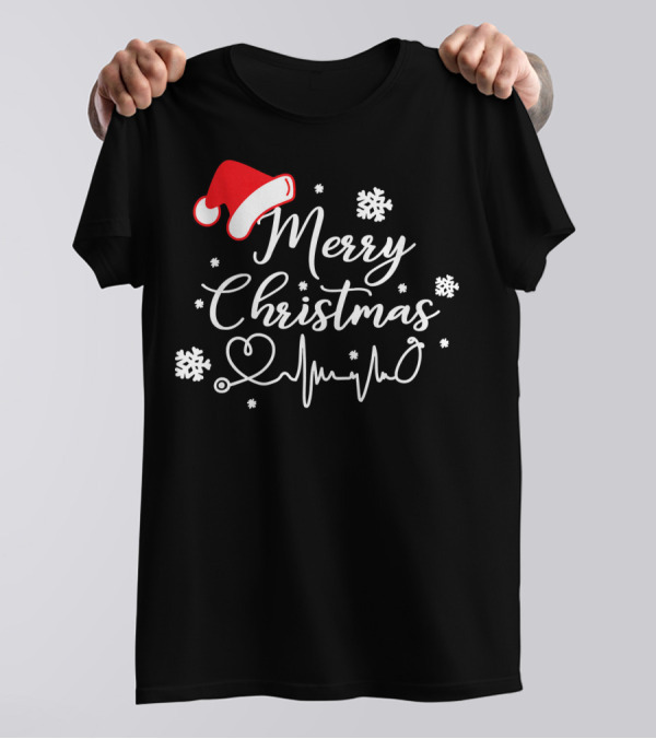 Merry Christmas Nurse Doctor Life Medica Heartbeat Santa Hat Snowflakes T-Shirt