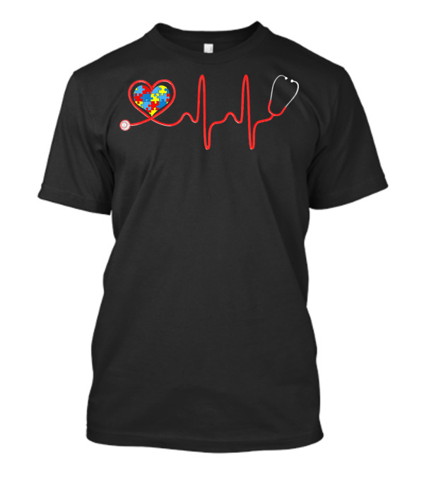 Nurse Doctor Autism Heartbeat Puzzle Stethoscope T-Shirt