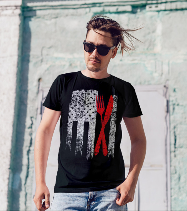 Vintage USA Flag Cutlery Red White Chef American T-Shirt