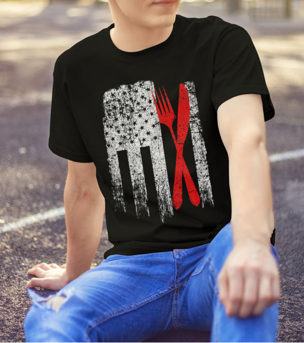 Vintage USA Flag Cutlery Red White Chef American T-Shirt