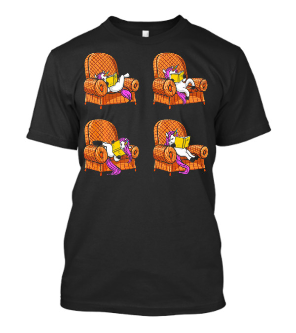 Unicorn Book Reading Lover Poses In Cozy Armchair Positions T-Shirt
