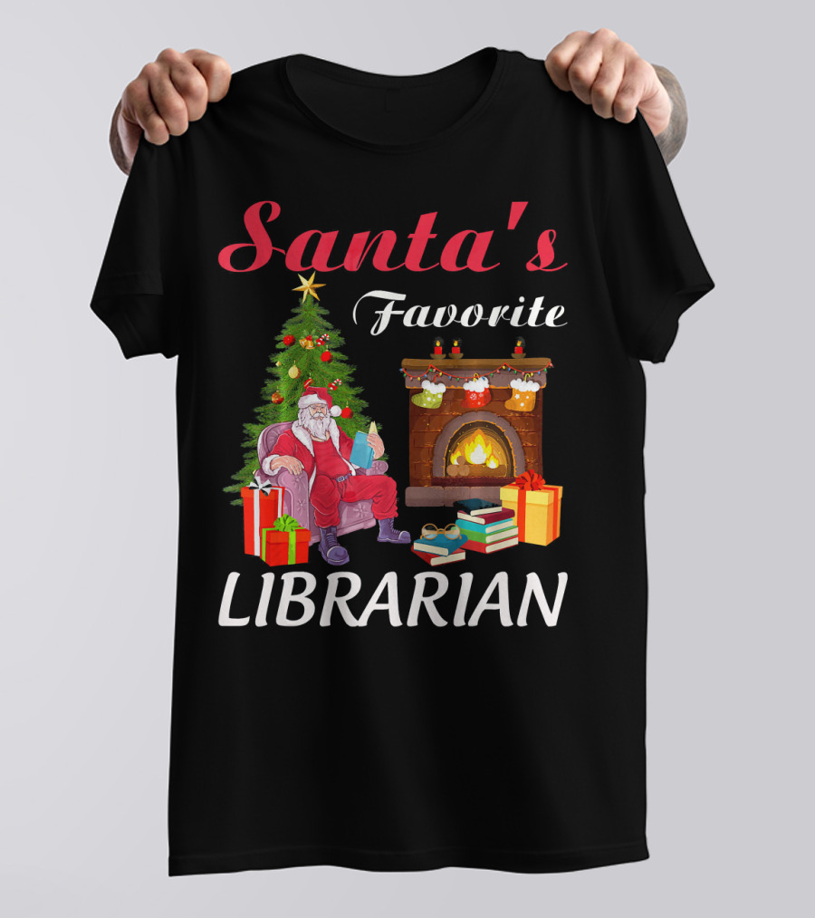 Santa's Favorite Librarian By The Fireplace With Books And Tree T-Shirt