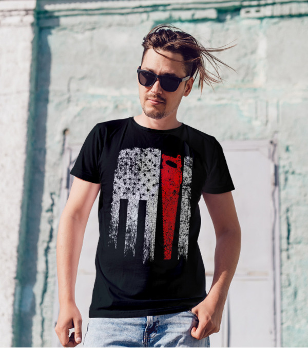 Vintage USA Red White Carpenter Saw Flag Americ T-Shirt