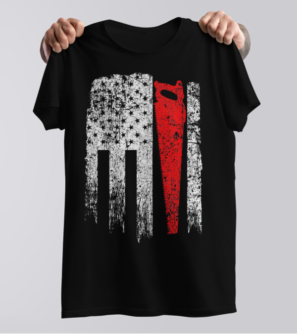 Vintage USA Red White Carpenter Saw Flag Americ T-Shirt