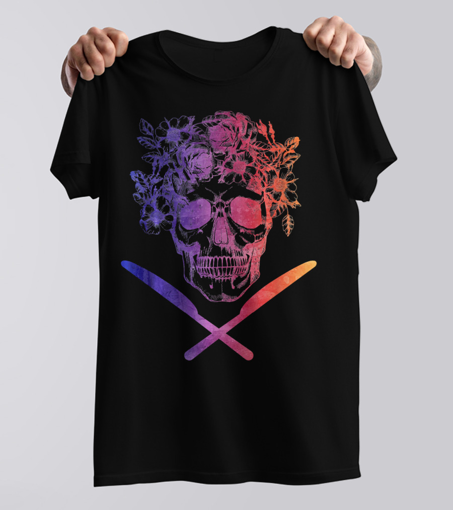 Vintage Sugar Skull Floral Chef Crossed Knives T-Shirt