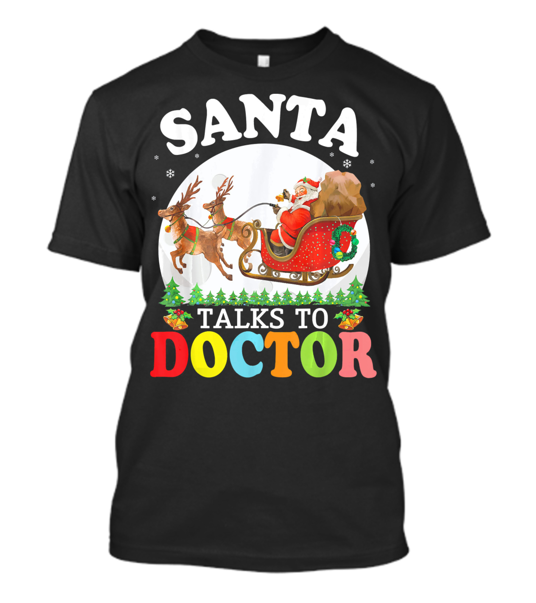 Santa Talks To Doctor With Reindeers And Snow Scene T-Shirt