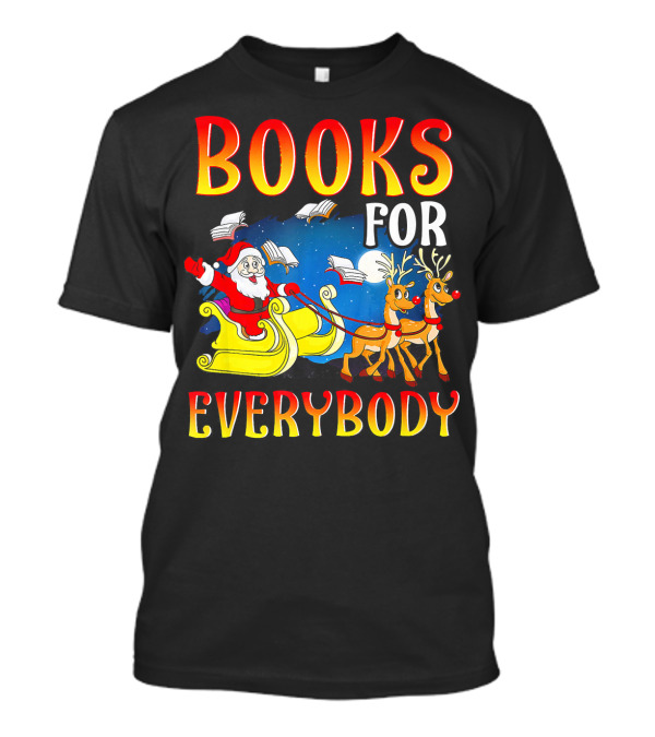 Books For Everybody Santa Sleigh With Flying Reindeer And Open Pages T-Shirt