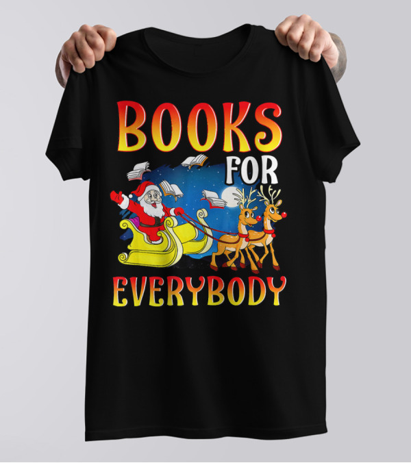 Books For Everybody Santa Sleigh With Flying Reindeer And Open Pages T-Shirt
