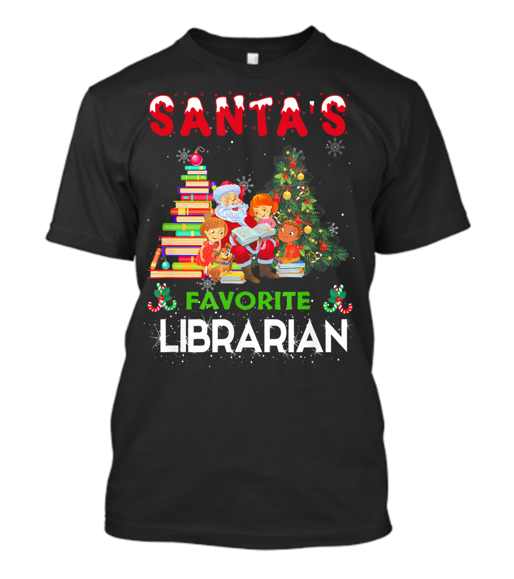 Santa's Favorite Librarian Christmas Books And Tree Scene T-Shirt