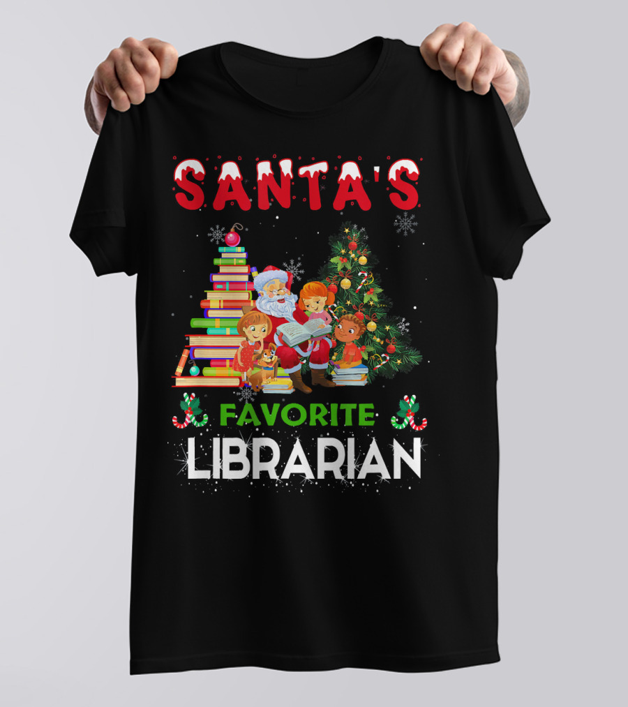 Santa's Favorite Librarian Christmas Books And Tree Scene T-Shirt