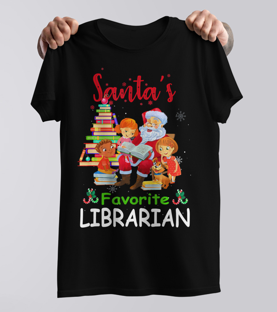 Santa's Favorite Librarian Christmas Book Tree With Kids And Dog T-Shirt