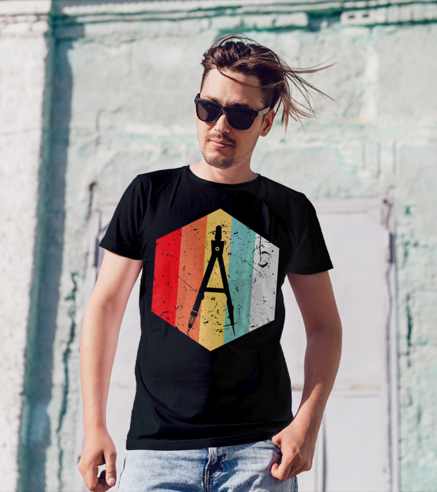 Vintage Retro Compass Divider Hexagon Stripe T-Shirt