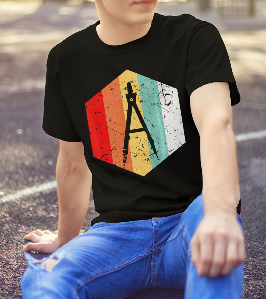Vintage Retro Compass Divider Hexagon Stripe T-Shirt