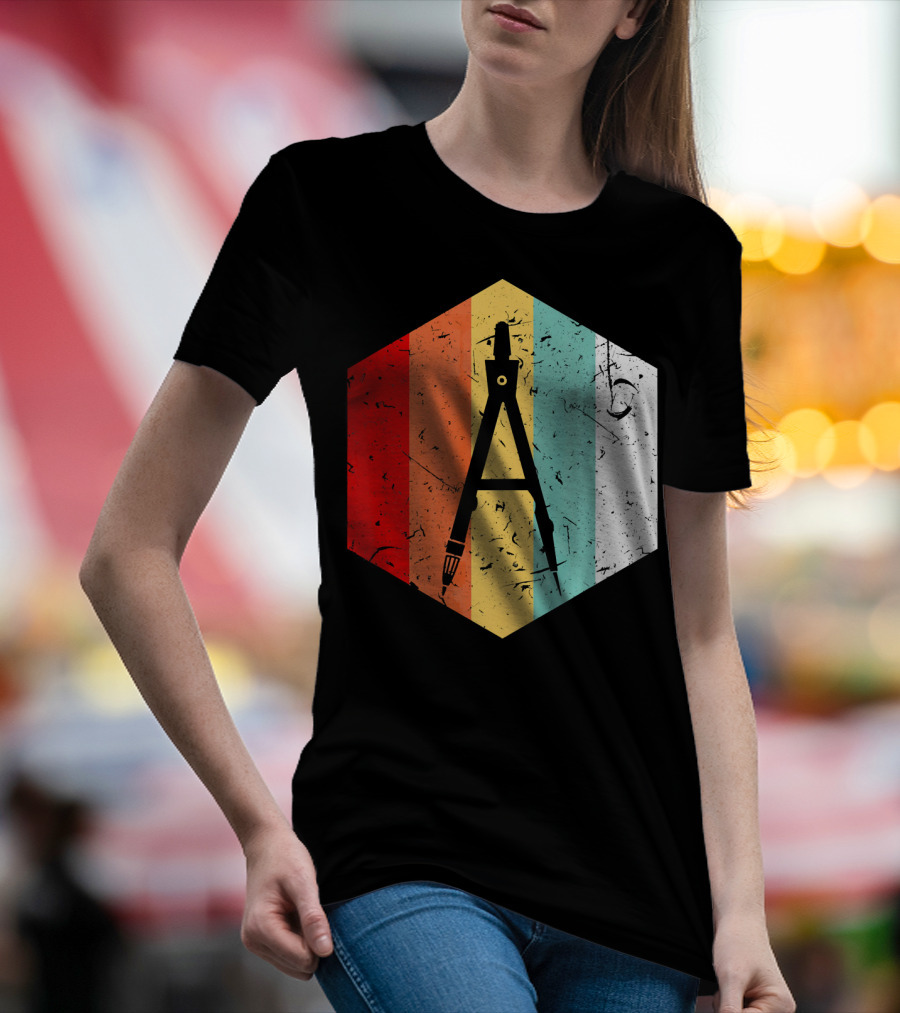 Vintage Retro Compass Divider Hexagon Stripe T-Shirt
