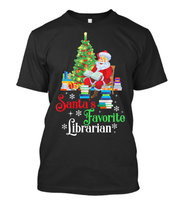 Santa's Favorite Librarian Sitting By Christmas Tree With Books T-Shirt