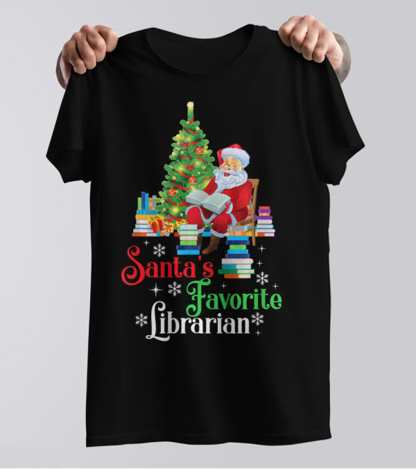 Santa's Favorite Librarian Sitting By Christmas Tree With Books T-Shirt