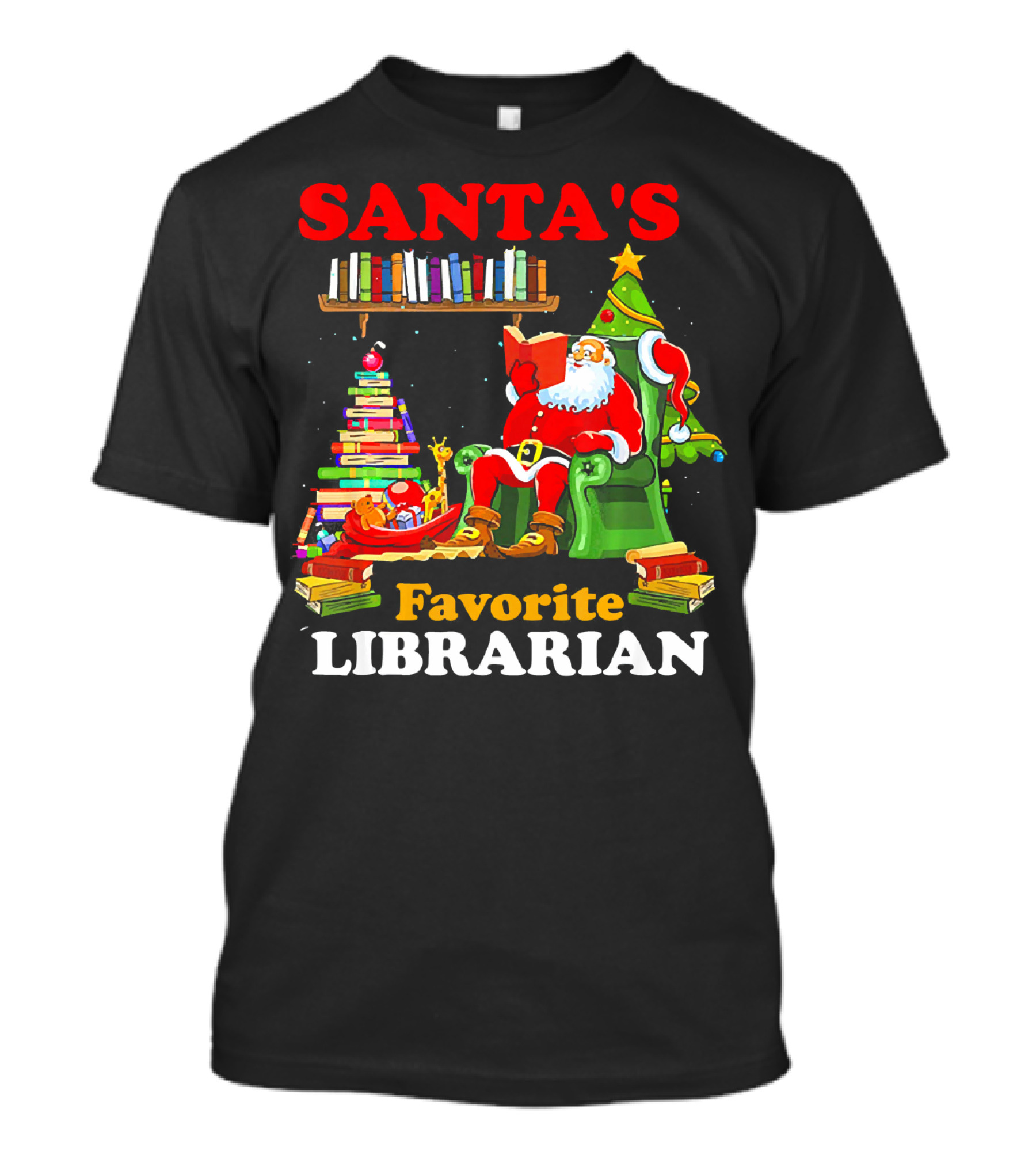 Santas Favorite Librarian Christmas Reading Books Tree Santa Chair T-Shirt