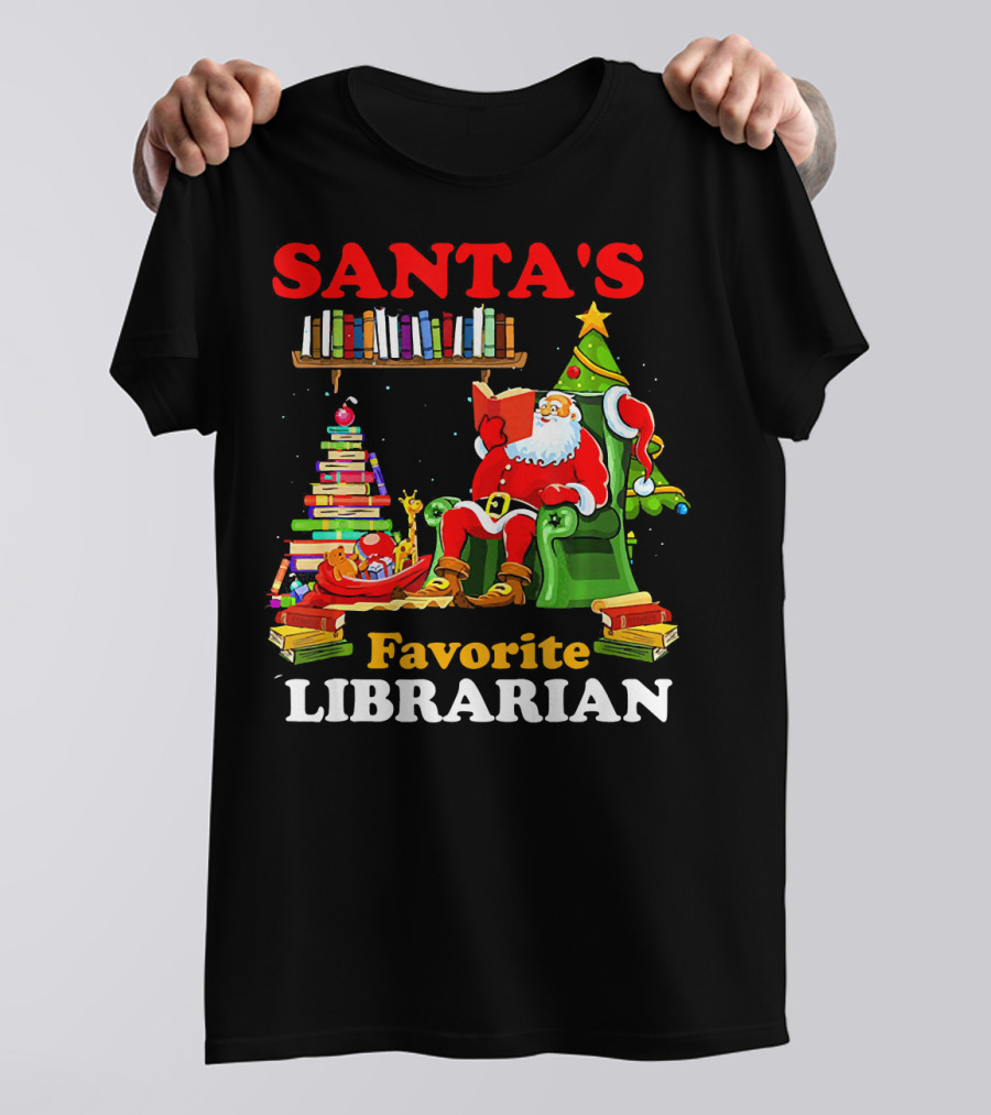 Santas Favorite Librarian Christmas Reading Books Tree Santa Chair T-Shirt