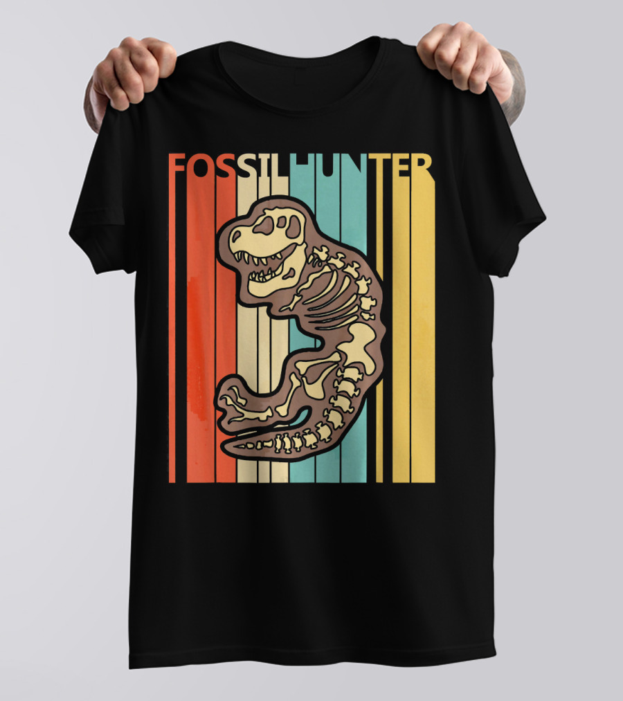 Fossil Hunter Vintage Archeology Dinosaur Skeleton Retro Stripes T-Shirt