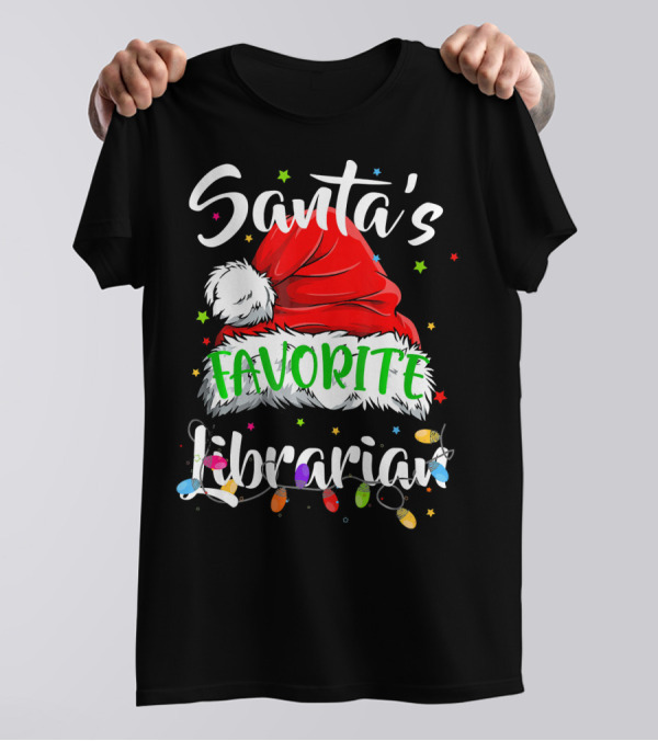 Santa's Favorite Librarian Christmas Hat Lights T-Shirt