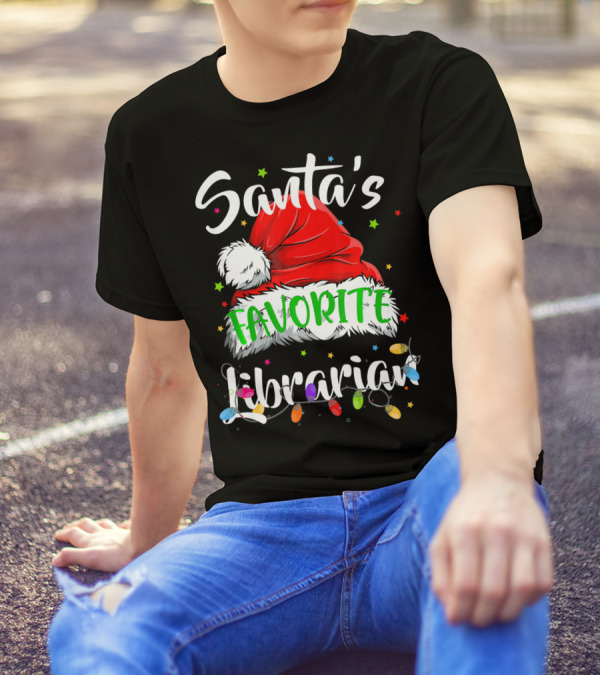 Santa's Favorite Librarian Christmas Hat Lights T-Shirt