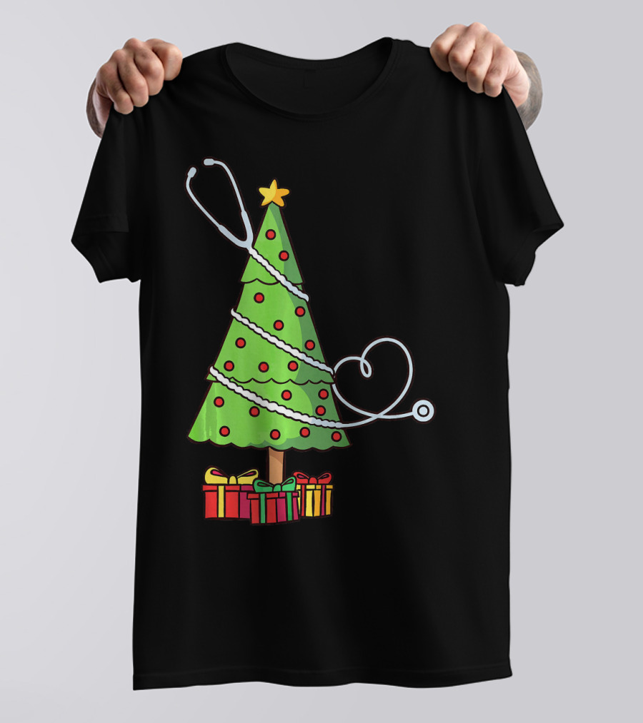 Stethoscope Doctor Medical Christmas Tree With Festive Presents T-Shirt