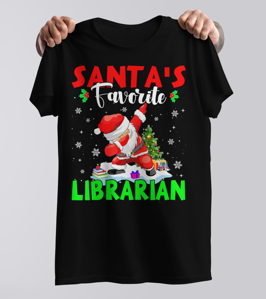 Santa's Favorite Librarian Dancing Santa With Books And Gifts T-Shirt