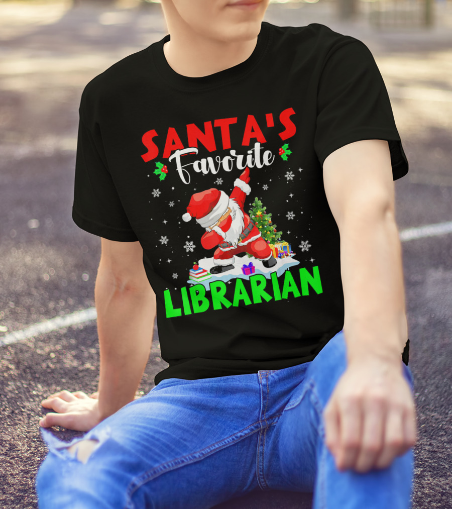 Santa's Favorite Librarian Dancing Santa With Books And Gifts T-Shirt