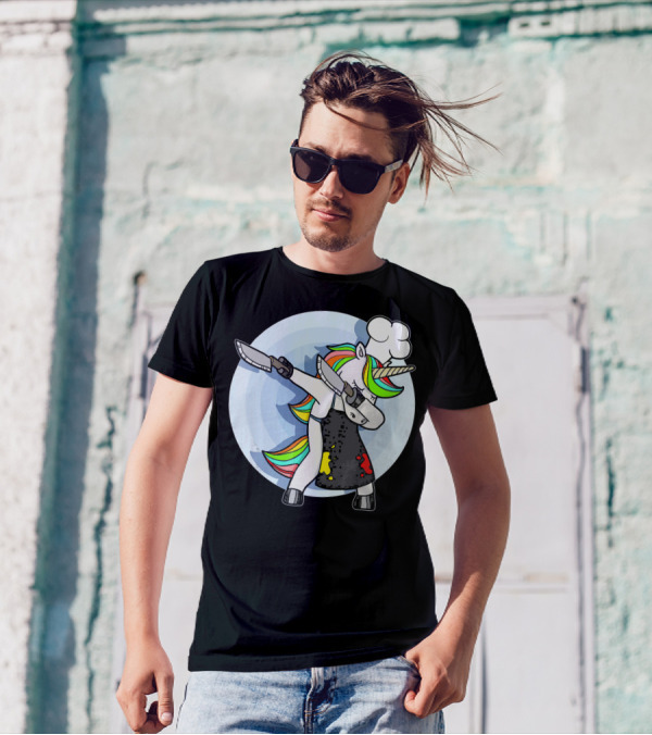 Unicorn Dabbing Chef With Rainbow Hair And Knives T-Shirt