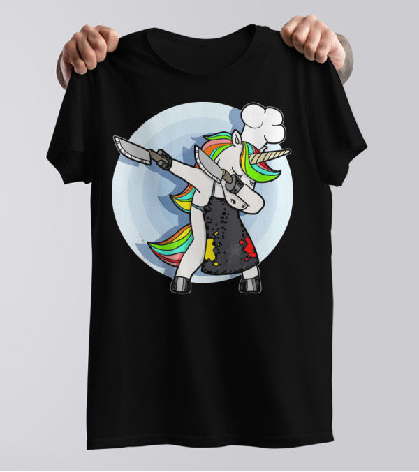 Unicorn Dabbing Chef With Rainbow Hair And Knives T-Shirt