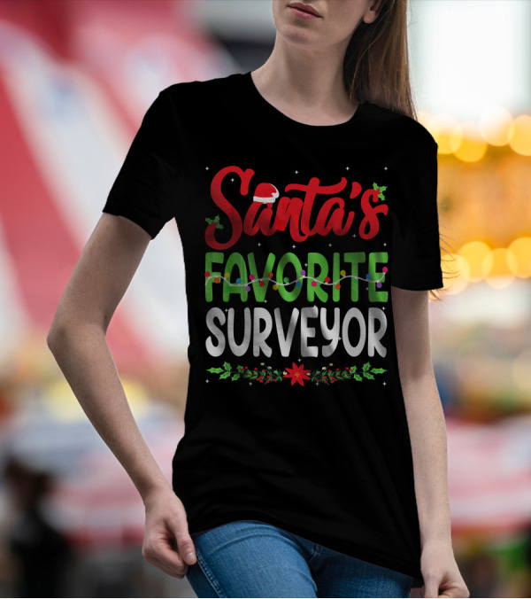 Santa's Favorite Surveyor Christmas Holiday Lights Holly T-Shirt