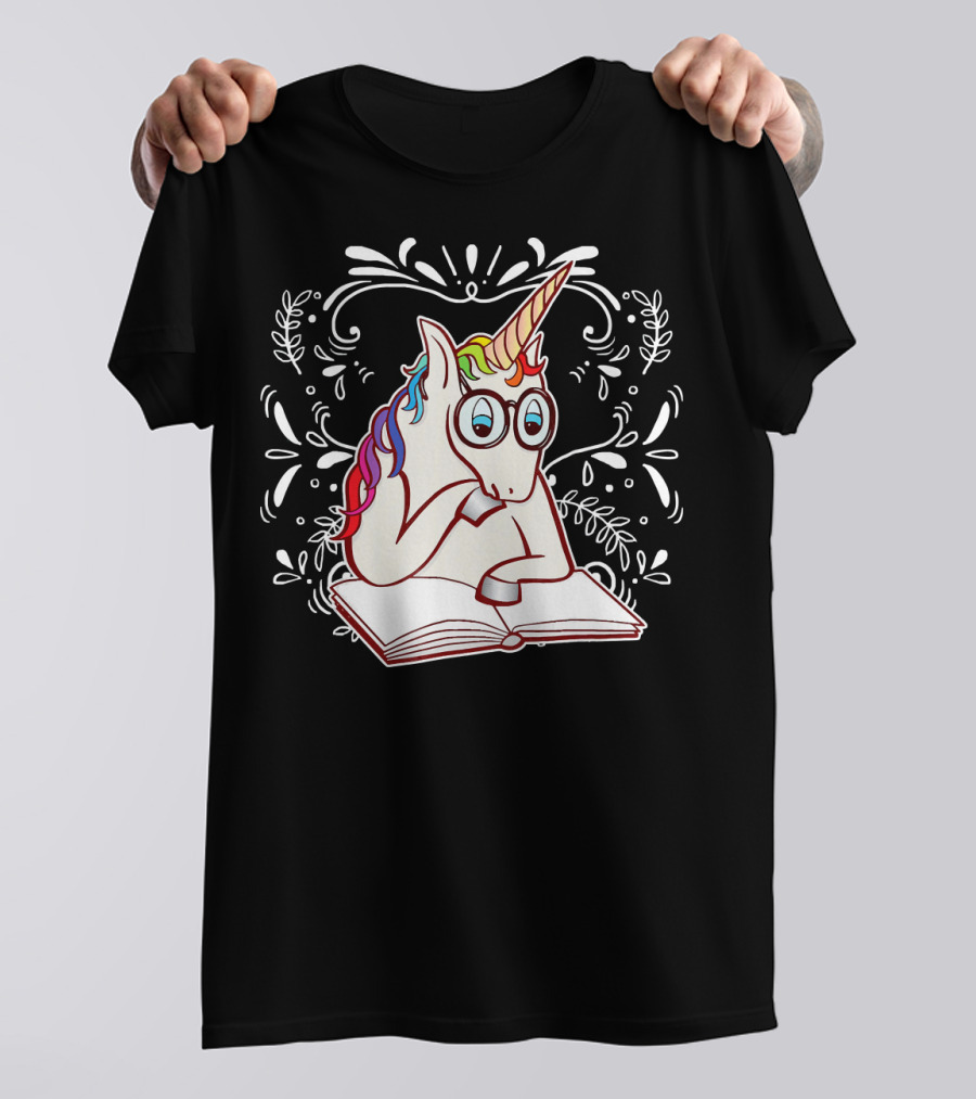 Unicorn With Glasses Reading A Book With Floral Background T-Shirt