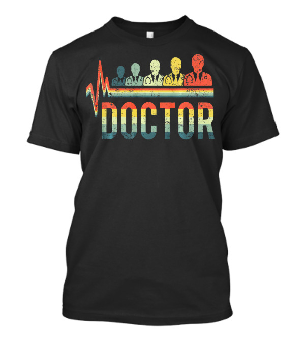 Vintage Retro Heartbeat Doctor Stethoscope Silhouettes Rainbow Icons T-Shirt