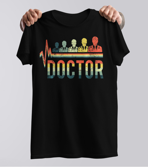 Vintage Retro Heartbeat Doctor Stethoscope Silhouettes Rainbow Icons T-Shirt