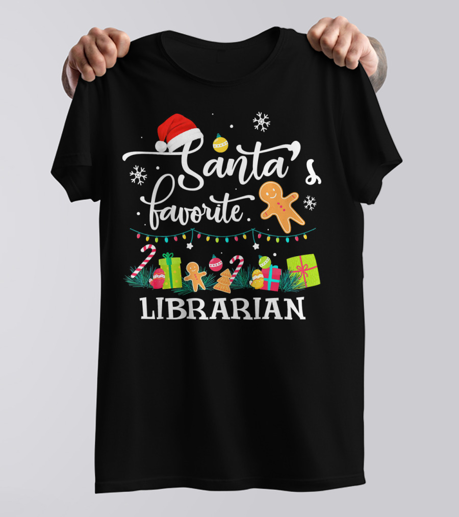 Santa's Favorite Librarian Christmas Lights Gingerbread Present Snowflakes T-Shirt