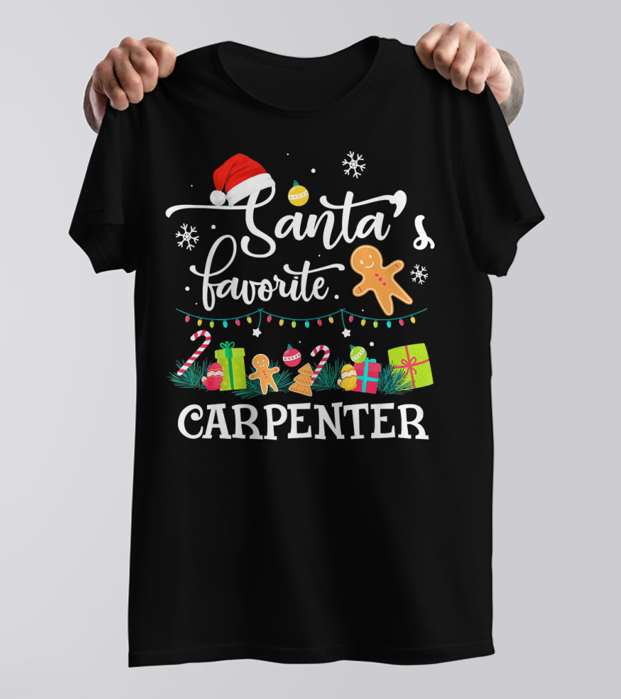 Santa's Favorite Carpenter Christmas Gingerbread Lights Snowflakes T-Shirt