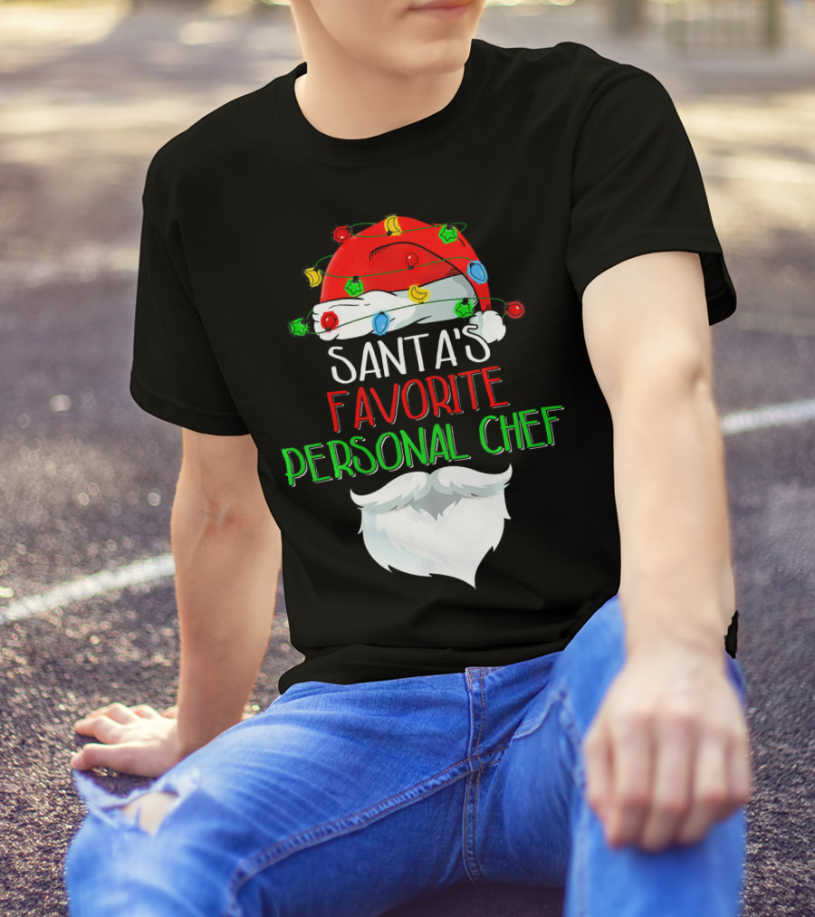 Santas Favorite Personal Chef Santas Hat With Christmas Lights And Beard T-Shirt
