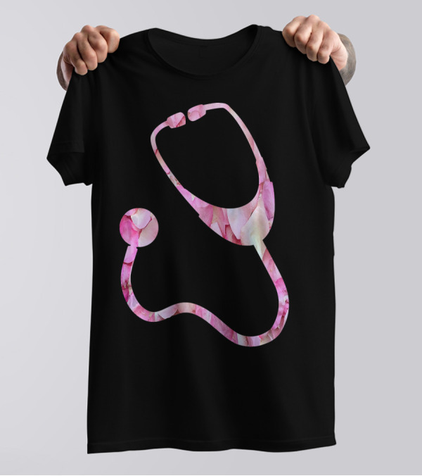 Stethoscope Pink Floral Pattern Medical Cute Flower T-Shirt