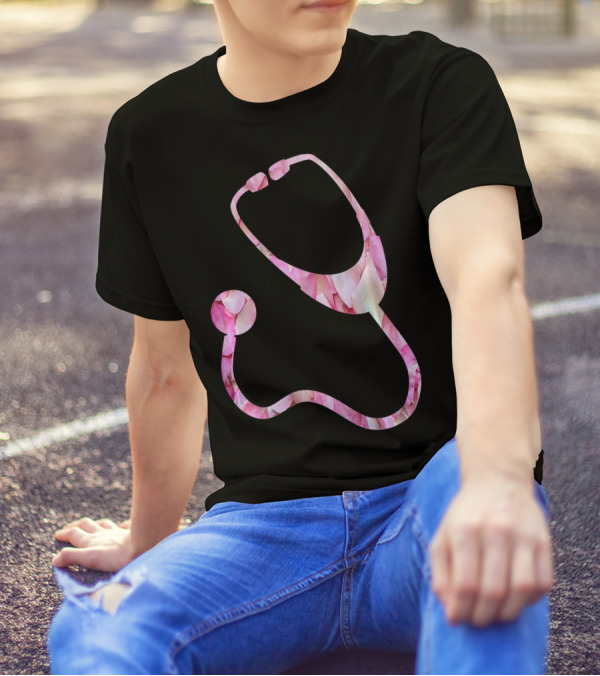 Stethoscope Pink Floral Pattern Medical Cute Flower T-Shirt