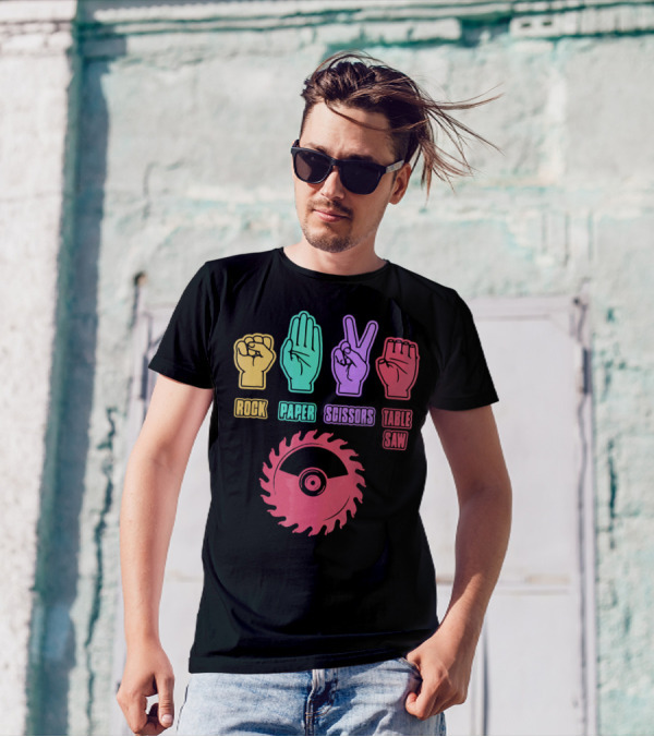 Rock Paper Scissors Table Saw Game Icons With Hands And Saw Blade T-Shirt