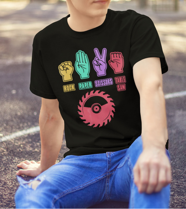 Rock Paper Scissors Table Saw Game Icons With Hands And Saw Blade T-Shirt